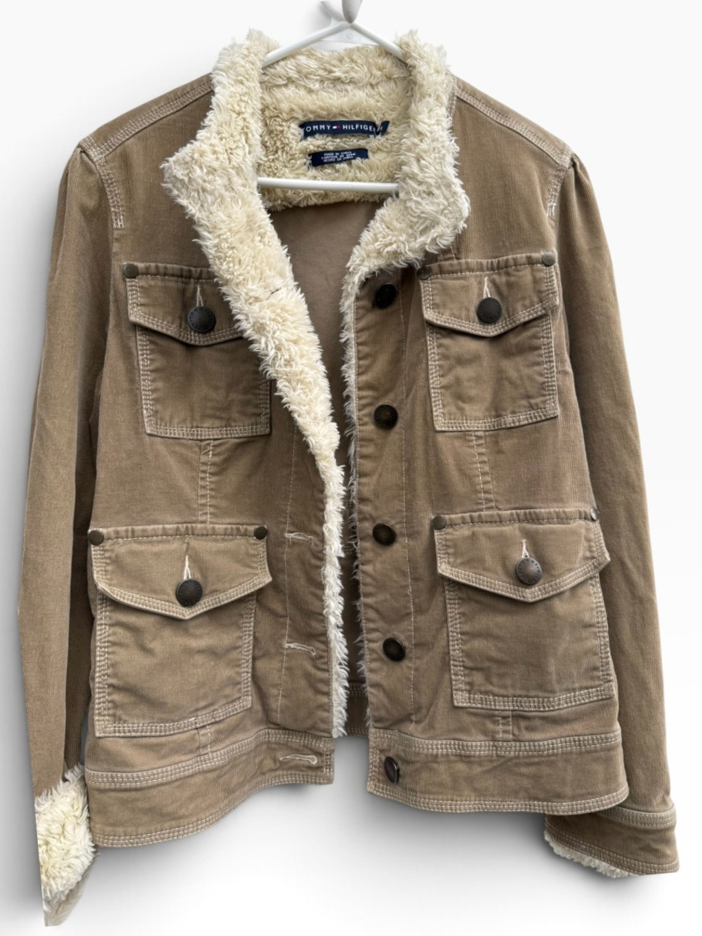 Tommy Hilfiger Size Medium Tan Corduroy Sherpa Lined Utility Jacket